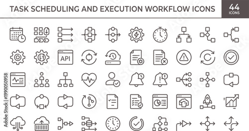 Task scheduling and execution workflow icon set in modern outline style for automation dashboard interface and process management systems
