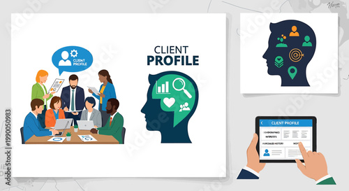 Dynamic business team collaborating on strategic client profile development, analyzing customer data for insights and market segmentation to enhance business growth and decision-making