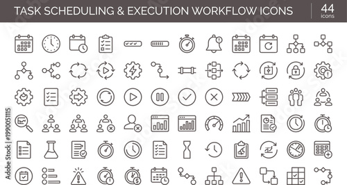 Task scheduling execution workflow icons in clean outline style for automation dashboard interface and process management systems