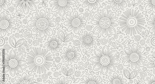 Whimsical Floral Pattern, Hand Drawn Sketchy Flowers, Seamless Background