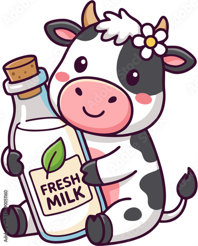 Cute cartoon dairy cow holding fresh milk bottle mascot vector
