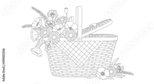 Wicker Picnic Basket with Wildflowers and Checkered Cloth Line Art
