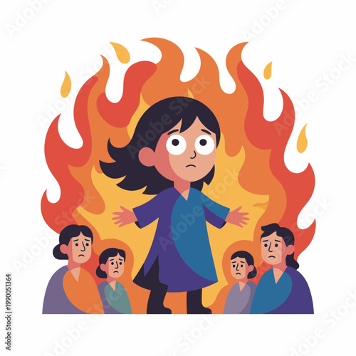 A young girl stands confidently before a large fire while group of people watch with expressions of sadness and worry in this flat vector illustration for social issues