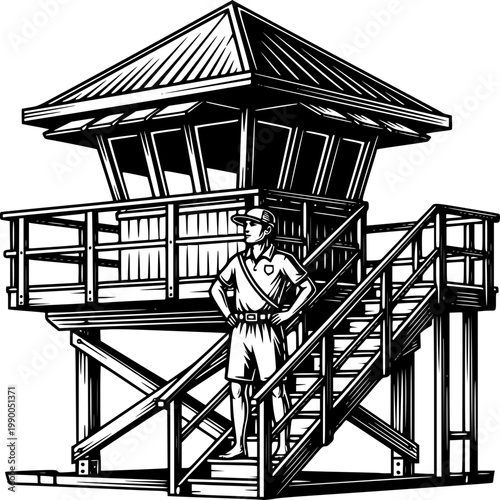 Coastal Sentinel: A stoic figure, embodying vigilance and duty, stands guard at a weathered lifeguard tower, the silhouette against the expansive backdrop