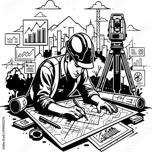 Construction Planning: A skilled construction engineer meticulously studies architectural blueprints, surrounded by surveying tools, charts, and diagrams.
