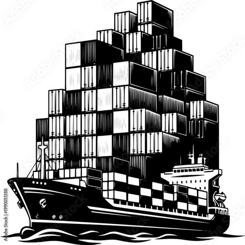 Seafaring Cargo: A majestic cargo ship sails across the ocean, laden with shipping containers, symbolizing global trade and industry.
