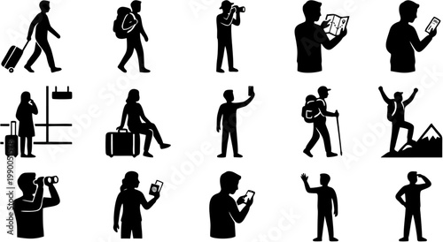 Travel Silhouette Icons Set, People Journey and Adventure Activities Collection