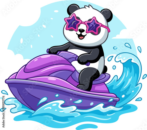 Cute panda in star sunglasses riding fast jet ski on ocean waves vector