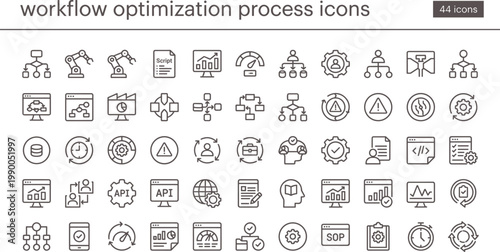 Workflow optimization process icon set in modern outline style for automation dashboard interface and business performance management systems