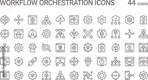 Workflow orchestration icons in clean outline style for automation pipeline dashboard interface and process management systems