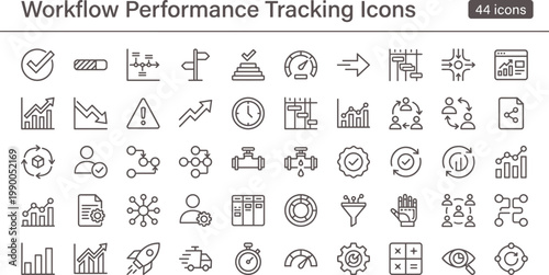 Workflow performance tracking icon set in modern outline style for analytics dashboard interface and business process monitoring systems