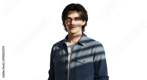 Young man in casual blue shirt casting shadows from window blinds, studio portrait, natural light, contemplative mood, isolated on white