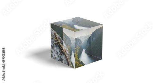 Pixelated cube displaying a serene mountain landscape with a river winding through a valley, nature photography concept