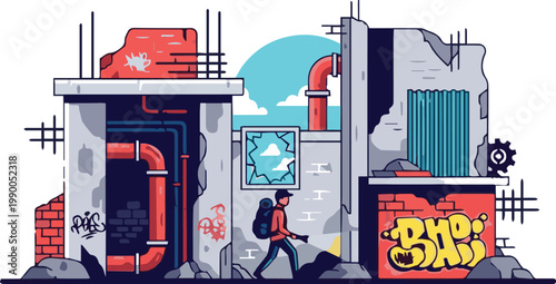 A person walks past a graffiti-covered industrial building with pipes at sunset.