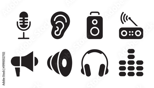 Audio and sound icons microphone ear speaker radio headphones equalizer megaphone.