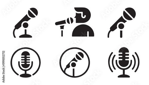 Microphone icons for recording broadcasting podcasting and live performance.