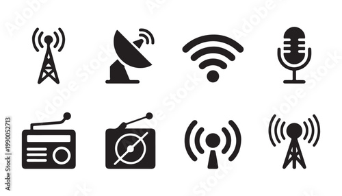 Radio station and wireless signal transmission vector icons for communication technologies.