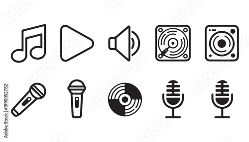 Set of music and audio icons including notes play button speaker turntable and microphone.