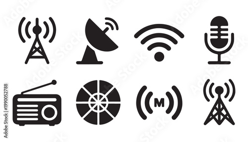 Radio and broadcasting icons with antenna satellite dish wifi symbol and radio receiver.