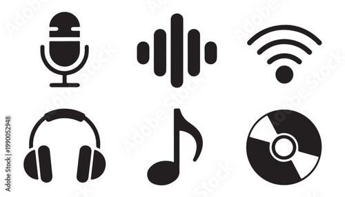 Black and white multimedia symbols collection featuring microphone sound wave wifi and headset.
