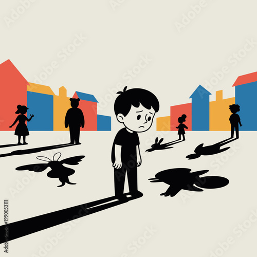 Sad boy standing alone in a colorful city street surrounded by people with imaginary animal shadows cast on the ground in a stylized flat vector illustration concept art