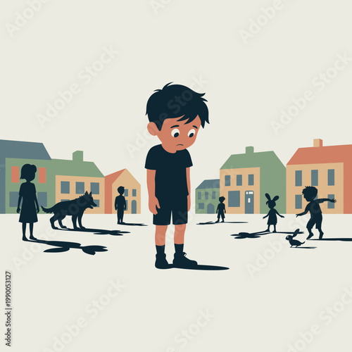 Lonely boy standing alone in a busy town square surrounded by silhouettes of happy playing children and pets in a stylized vector illustration depicting social isolation
