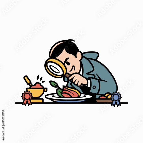 Professional food critic inspects gourmet dish with magnifying glass in detailed vector illustration featuring award ribbons and culinary tools for gastronomy reviewing