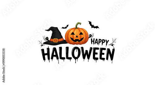 Halloween Pumpkin Graphic with Bats and Witch Hat.