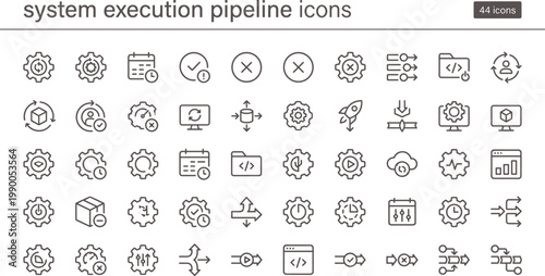 System execution pipeline icons in clean outline style for process automation dashboard interface and data workflow management systems