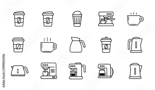 Coffee equipment icons set vector thin line cup latte espresso machine brewing pot pictograms isolated white background
