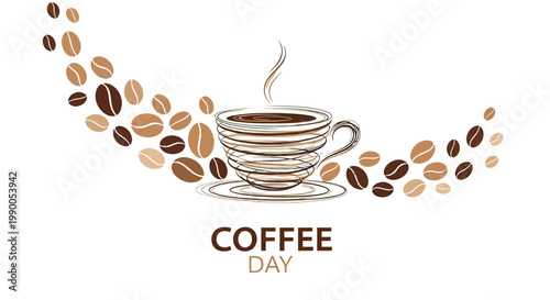 Steaming Cup of Coffee with Coffee Beans.