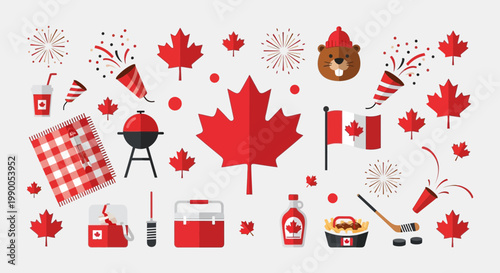 Canada Day Celebration Flat Design Elements: Maple Leaves, BBQ, Flag, Fireworks