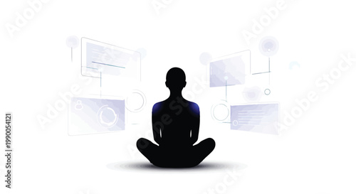 person sitting in lotus position with digital screens