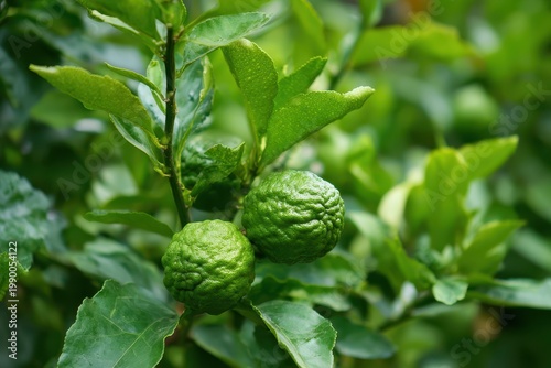 Two Ripe Green Kaffir Limes Growing on a Branch with Textured Skin