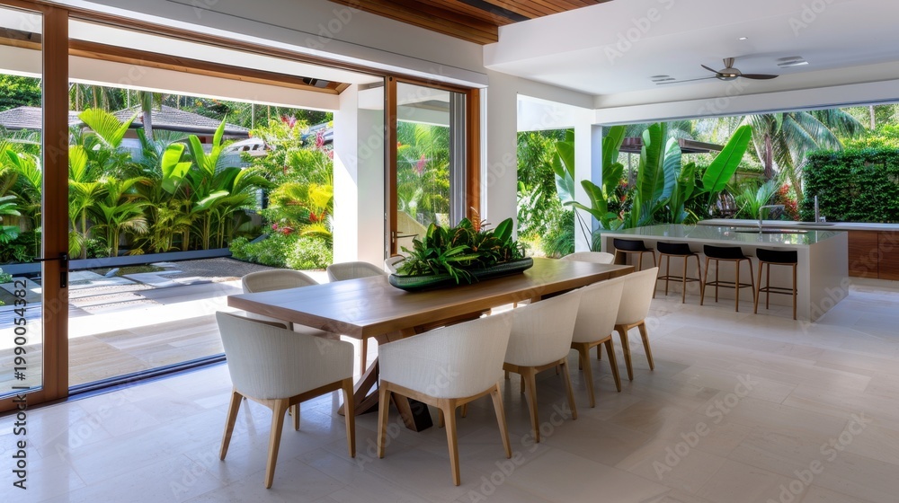 Fototapeta premium Modern Tropical Dining Room with Open Layout and Natural Light Surrounded by Lush Greenery and Contemporary Design Elements