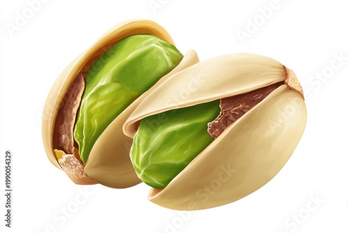 Two vibrant green pistachios with open shells revealing kernels