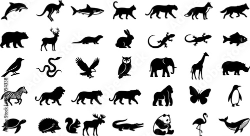 Vector silhouettes of marine and terrestrial animal designs featuring dolphins, sharks, and quokkas for diverse applications.
