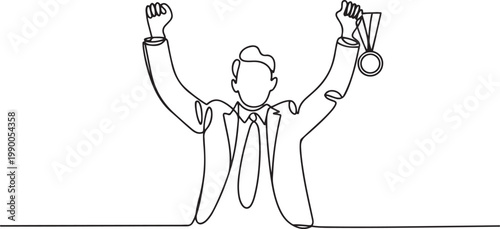 Continuous one line drawing a man in a suit raises both hands and holds a medal. Recognition of work results. Successful business. one line art icon drawing vector