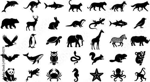 Vector silhouettes of marine and terrestrial animal designs featuring dolphins, sharks, and quokkas for diverse applications.
