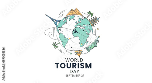 World Tourism Day Illustration with Globe Landmarks.