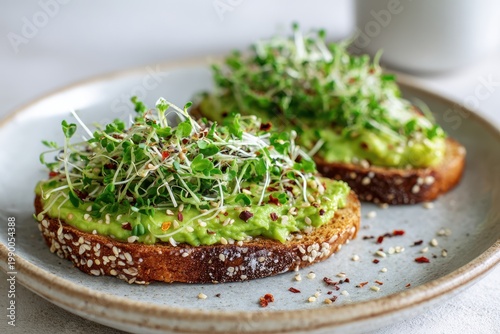 Two slices of wholewheat toast generously topped with mashed avocado and a vibrant pile of fresh microgreens, presented on a ceramic plate.