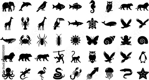 A collection of black silhouette animal illustrations including mammals birds fish reptiles and various marine creatures.
