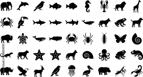 A collection of black silhouette animal illustrations including mammals birds fish reptiles and various marine creatures.
