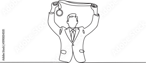 Continuous one line drawing a man in a suit raises both hands and holds a medal. Recognition of work results. Successful business. one line art icon drawing vector