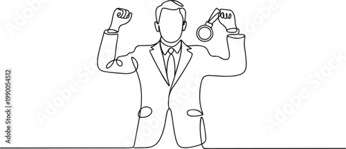 Continuous one line drawing a man in a suit raises both hands and holds a medal. Recognition of work results. Successful business. one line art icon drawing vector