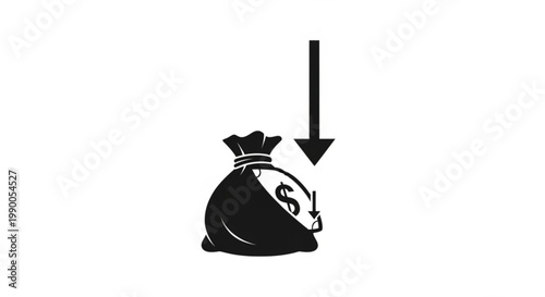 A clear black and white vector icon depicting a money bag with a prominent dollar sign, accompanied by a downward-pointing arrow, symbolizing financial loss, decreasing funds, or economic decline.