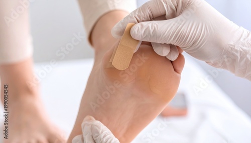 Close-up of a medical professional's gloved hands applying adhesive bandage to the sole of a person's foot for blister or callus treatment.