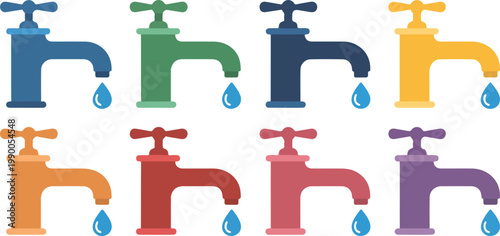 Colorful Water Tap Icon Set Featuring Faucet Silhouettes With Water Drops In Flat Design Style For Plumbing Maintenance And Conservation Themes, 19 words.