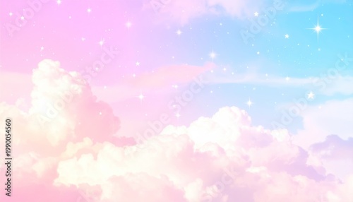 Dreamy Pastel Sky Background with Fluffy Clouds and Sparkling Stars