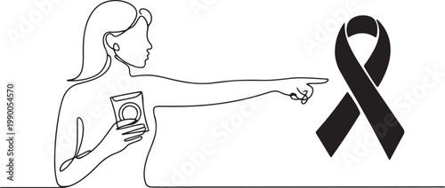 Woman pointing at red ribbon and holding condom. one line art icon drawing vector